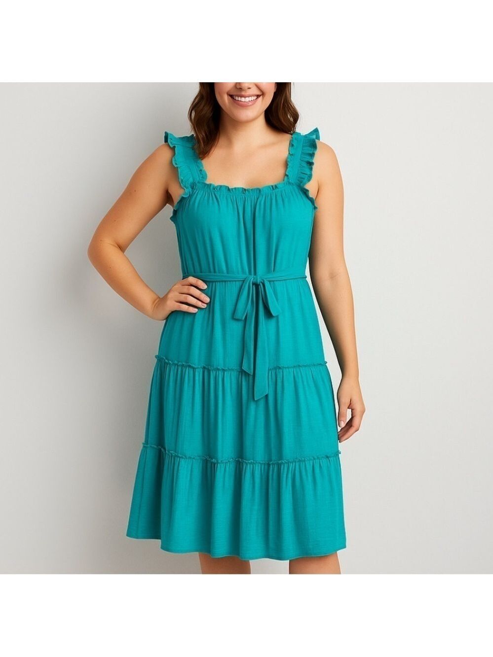 Luxology Tiered Maxi Dress Sz M Teal Ruffle Prairie Boho Resort Vacation NWOT